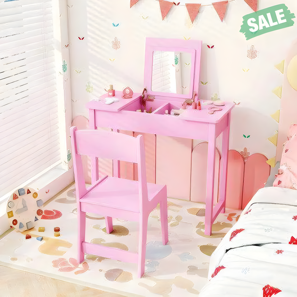 2-in-1 Kids Vanity Makeup Table and Chair Set with Flip Top Mirror in Pink for imaginative play.