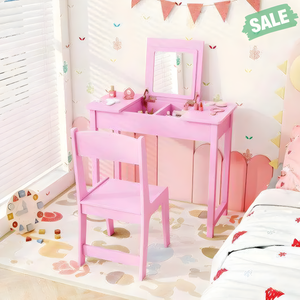 2-in-1 pink kids vanity makeup table and chair set with flip top mirror, perfect for little ones' playtime.