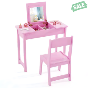 2-in-1 pink kids vanity makeup table and chair set with flip top mirror, angle view 3. Perfect for little ones!
