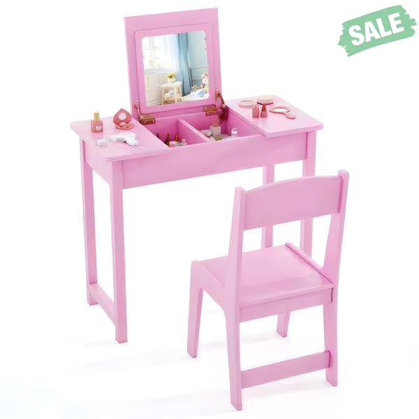 2-in-1 pink kids vanity makeup table and chair set with flip top mirror, angle view 3. Perfect for little ones!