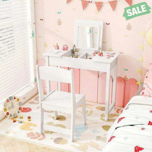 2-in-1 Kids Vanity Makeup Table and Chair Set with Flip Top Mirror-White