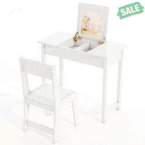 2-in-1 Kids Vanity Makeup Table and Chair Set with Flip Top Mirror-White