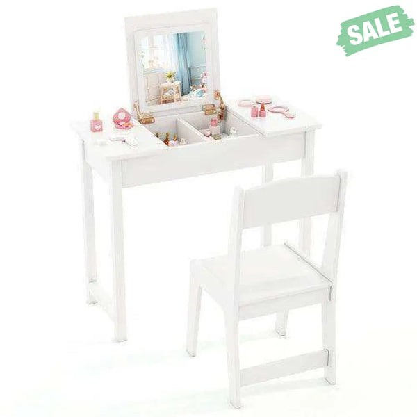 2-in-1 Kids Vanity Makeup Table and Chair Set with Flip Top Mirror-White