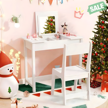2-in-1 Kids Vanity Makeup Table and Chair Set with Flip Top Mirror in White - Perfect for little ones' playtime.