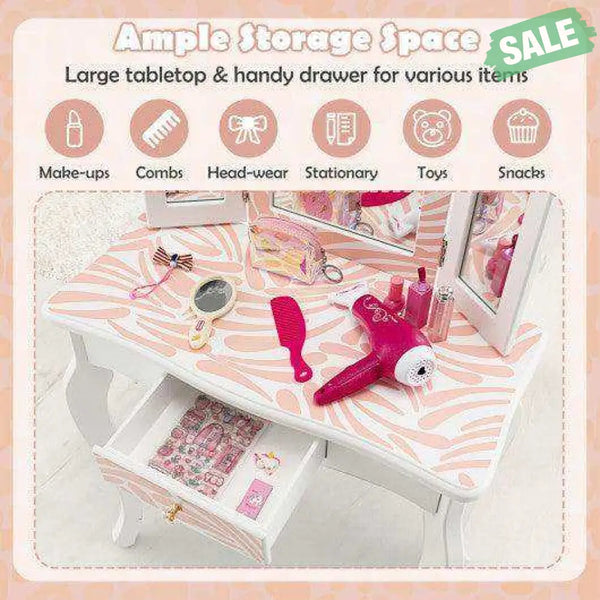 2-in-1 Kids Vanity Table Set with Tri-folding Mirror-Pink Kids Vanities