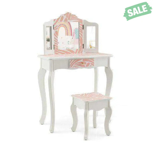 2-in-1 Kids Vanity Table Set with Tri-folding Mirror-Pink Kids Vanities