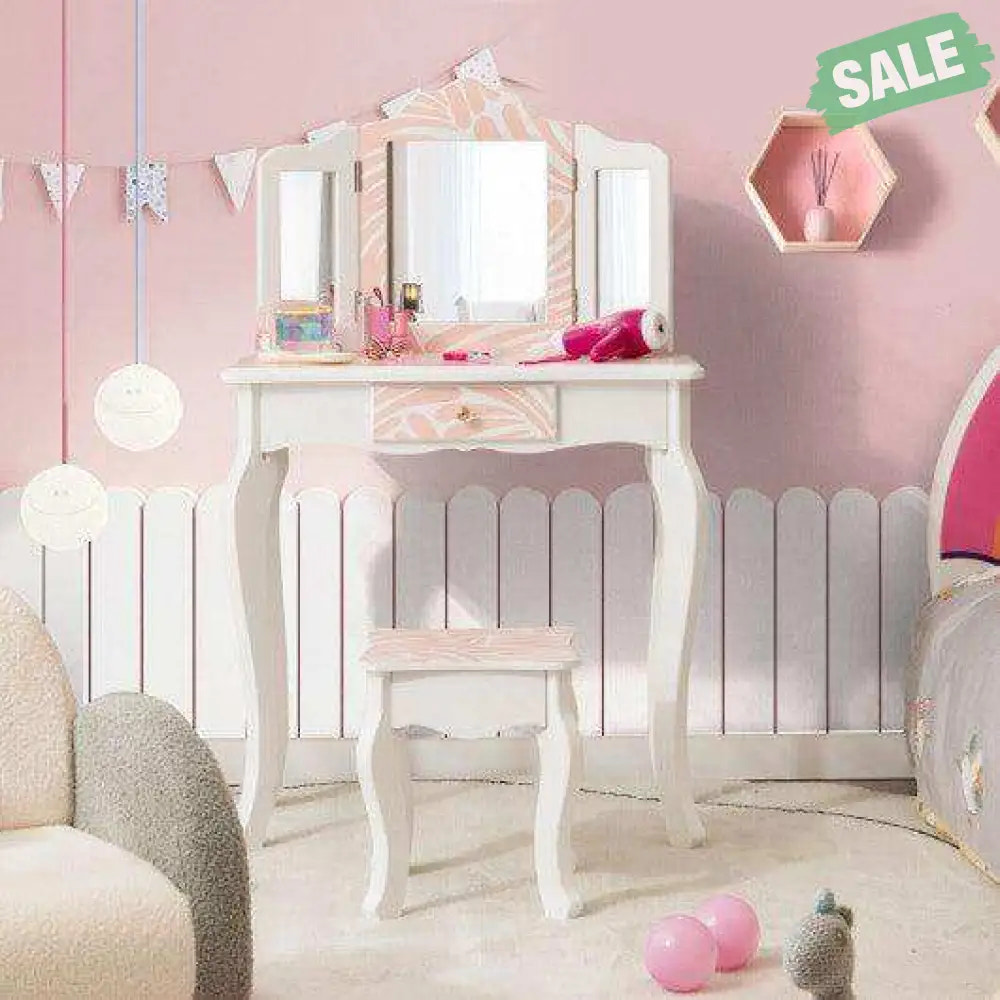 2-in-1 Kids Vanity Table Set with Tri-folding Mirror-Pink Kids Vanities