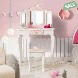 2-in-1 Kids Vanity Table Set with Tri-folding Mirror-Pink Kids Vanities