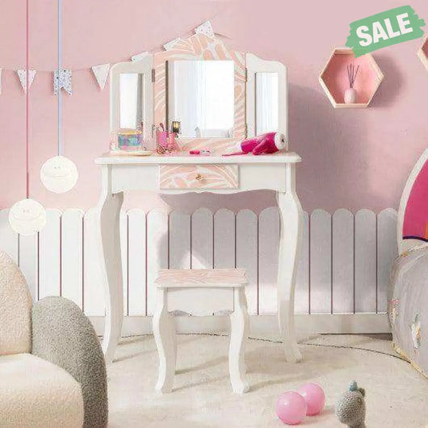2-in-1 Kids Vanity Table Set with Tri-folding Mirror-Pink Kids Vanities