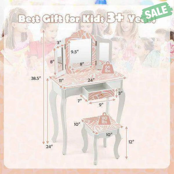 2-in-1 Kids Vanity Table Set with Tri-folding Mirror-Pink Kids Vanities