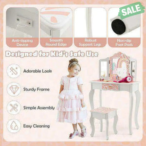 2-in-1 Kids Vanity Table Set with Tri-folding Mirror-Pink Kids Vanities