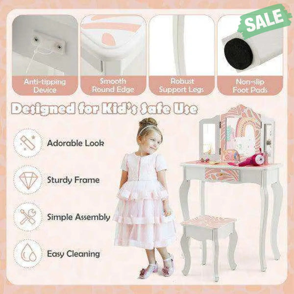 2-in-1 Kids Vanity Table Set with Tri-folding Mirror-Pink Kids Vanities