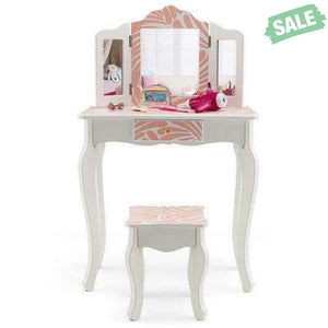 2-in-1 Kids Vanity Table Set with Tri-folding Mirror-Pink Kids Vanities