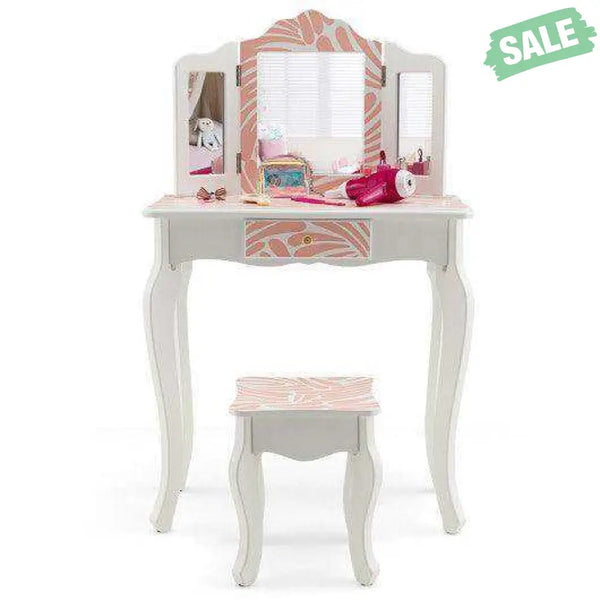 2-in-1 Kids Vanity Table Set with Tri-folding Mirror-Pink Kids Vanities