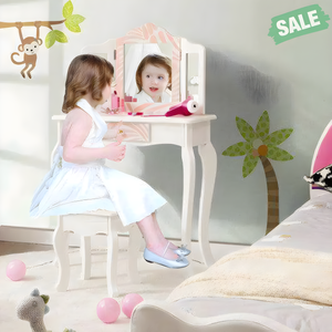 2-in-1 Kids Vanity Table Set with Tri-folding Mirror in Pink for imaginative play and grooming fun.