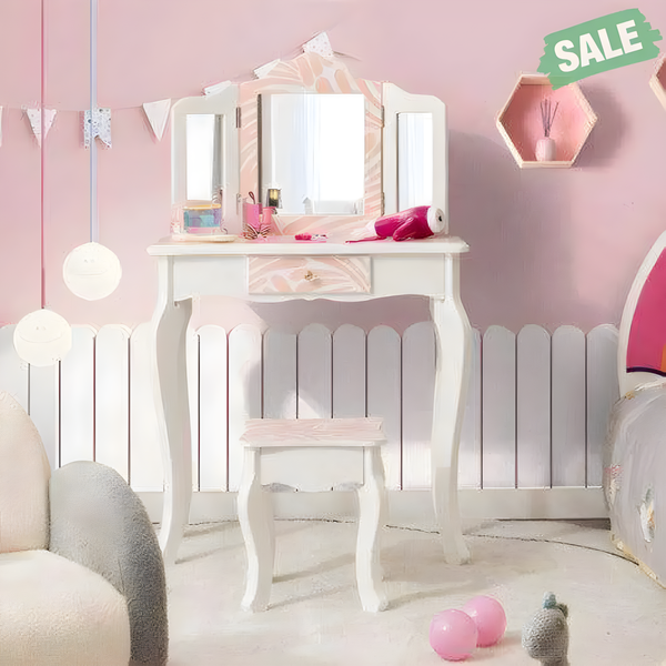 2-in-1 pink kids vanity table set with tri-folding mirror, perfect for little ones' playtime and beauty routines.