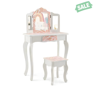 2-in-1 Kids Vanity Table Set with Tri-folding Mirror in Pink, perfect for little ones' playtime and grooming.