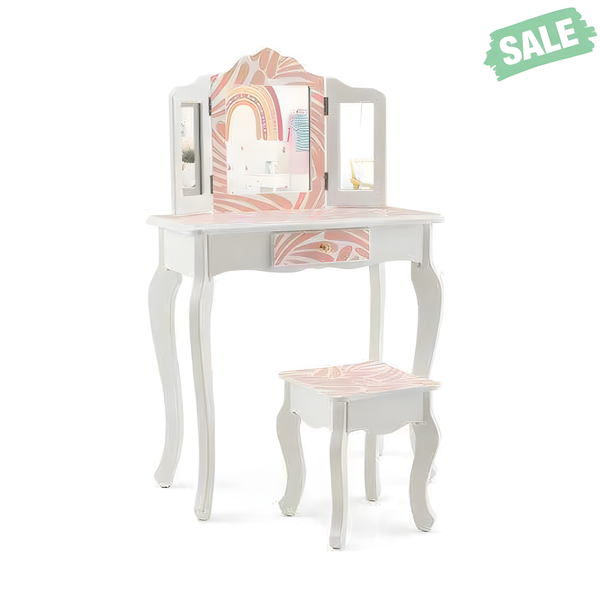 2-in-1 Kids Vanity Table Set with Tri-folding Mirror in Pink, perfect for little ones' playtime and grooming.