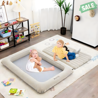 2-in-1 inflatable toddler travel bed set with electric pump in gray, perfect for on-the-go comfort.