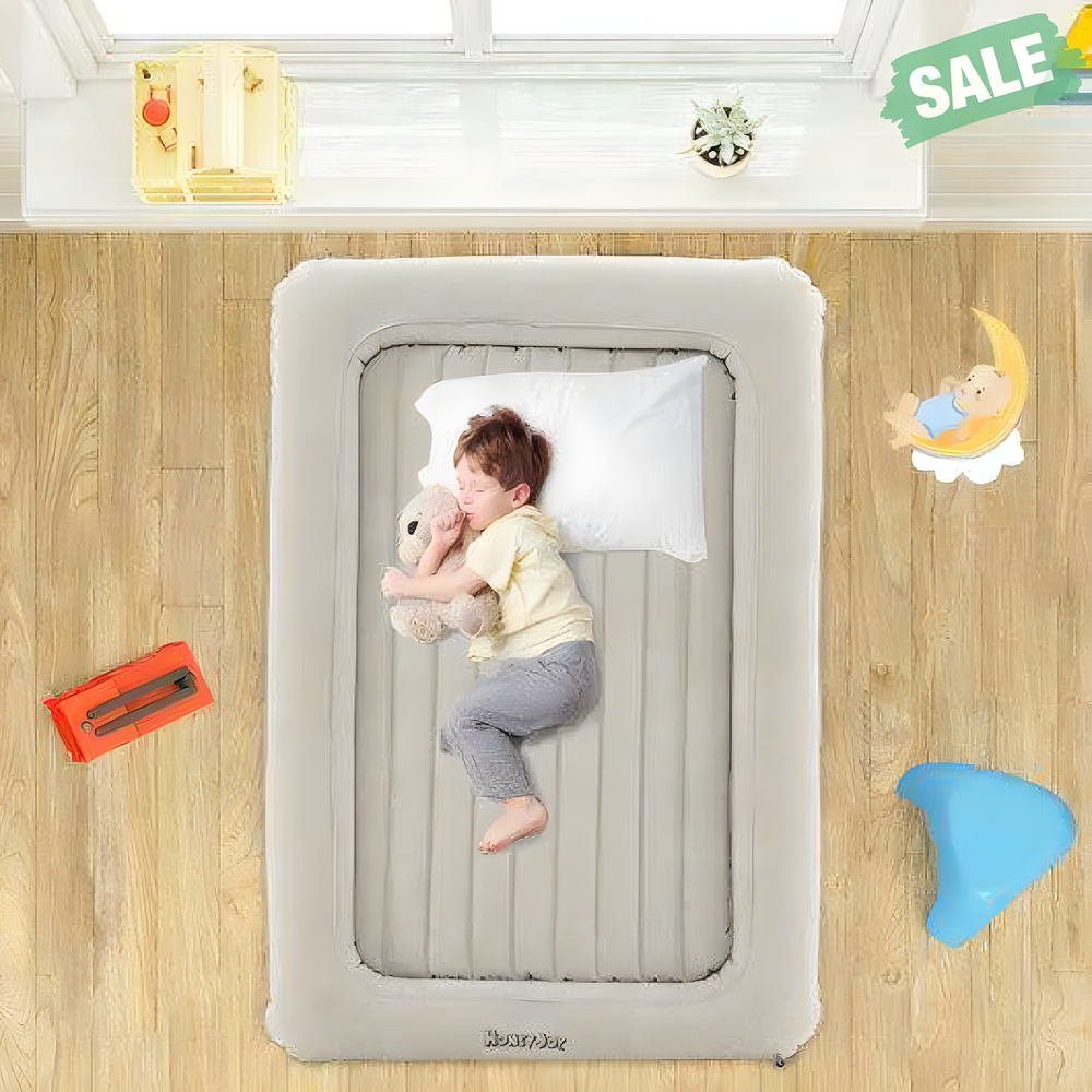 2-in-1 inflatable toddler travel bed set with electric pump in gray, perfect for on-the-go comfort.