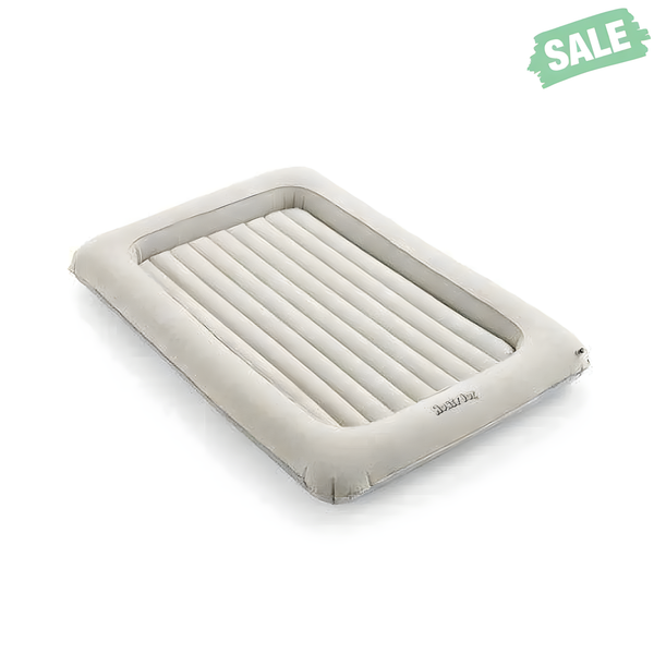 2-in-1 inflatable toddler travel bed set with electric pump, gray color, angled view showcasing design and features.