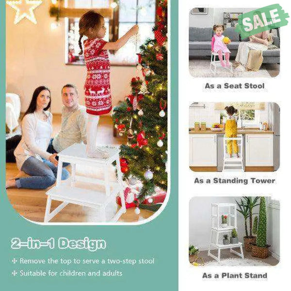 2-in-1 Multifunctional Toddler Step Stool with Safety Rail-White