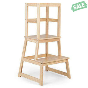 2-in-1 Multifunctional Toddler Step Stool with Safety Rail-Natural