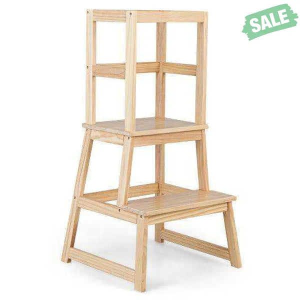 2-in-1 Multifunctional Toddler Step Stool with Safety Rail-Natural