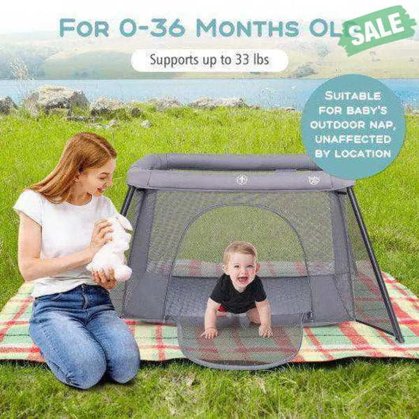 2-in-1 Portable Baby Playpen with Safety Enclosure and Padded Mattress-Dark Gray Baby Playpen & Playards