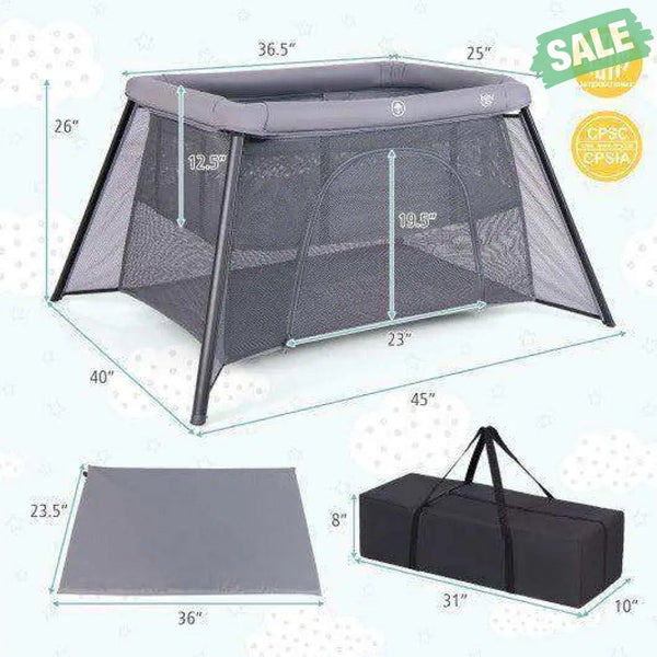 2-in-1 Portable Baby Playpen with Safety Enclosure and Padded Mattress-Dark Gray Baby Playpen & Playards