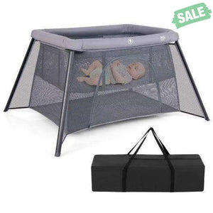 2-in-1 Portable Baby Playpen with Safety Enclosure and Padded Mattress-Dark Gray Baby Playpen & Playards