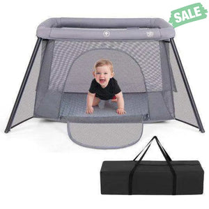 2-in-1 Portable Baby Playpen with Safety Enclosure and Padded Mattress-Dark Gray Baby Playpen & Playards