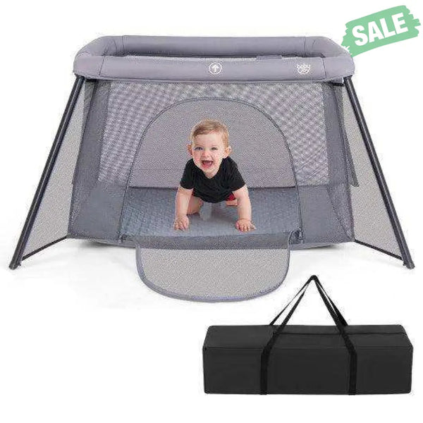 2-in-1 Portable Baby Playpen with Safety Enclosure and Padded Mattress-Dark Gray Baby Playpen & Playards