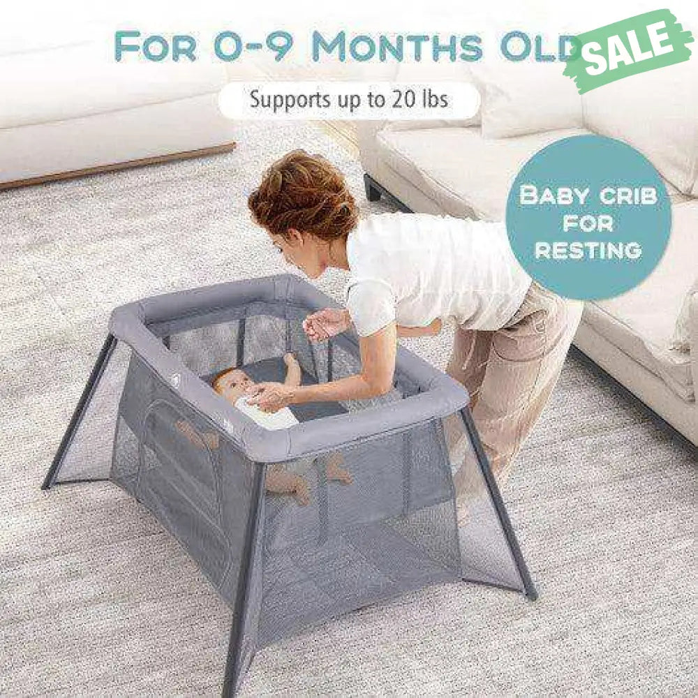 2 1 Portable Playpen Safety Enclosure Padded Mattress Dark Gray