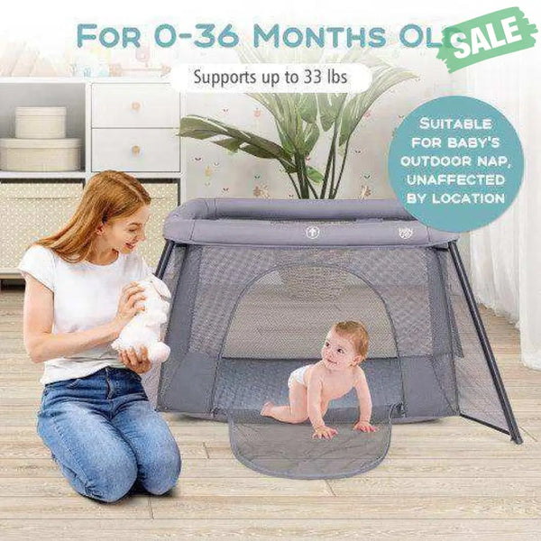 2-in-1 Portable Baby Playpen with Safety Enclosure and Padded Mattress-Dark Gray Baby Playpen & Playards