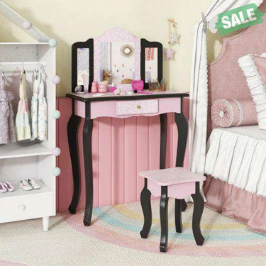 2 in 1 Princess Dressing Table Writing Desk with Cute Leopard Print 3 Makeup Accessories-Pink Kids Vanities