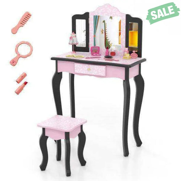 2 in 1 Princess Dressing Table Writing Desk with Cute Leopard Print 3 Makeup Accessories-Pink Kids Vanities