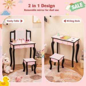 2 in 1 Princess Dressing Table Writing Desk with Cute Leopard Print 3 Makeup Accessories-Pink Kids Vanities