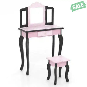 2 in 1 Princess Dressing Table Writing Desk with Cute Leopard Print 3 Makeup Accessories-Pink Kids Vanities