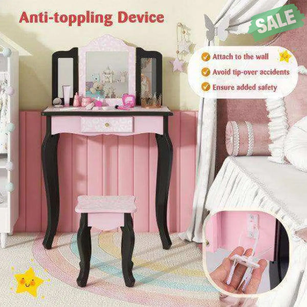 2 in 1 Princess Dressing Table Writing Desk with Cute Leopard Print 3 Makeup Accessories-Pink Kids Vanities