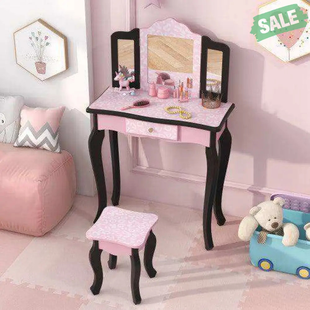 2 in 1 Princess Dressing Table Writing Desk with Cute Leopard Print 3 Makeup Accessories-Pink Kids Vanities