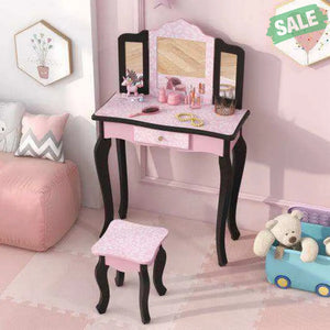 2 in 1 Princess Dressing Table Writing Desk with Cute Leopard Print 3 Makeup Accessories-Pink Kids Vanities
