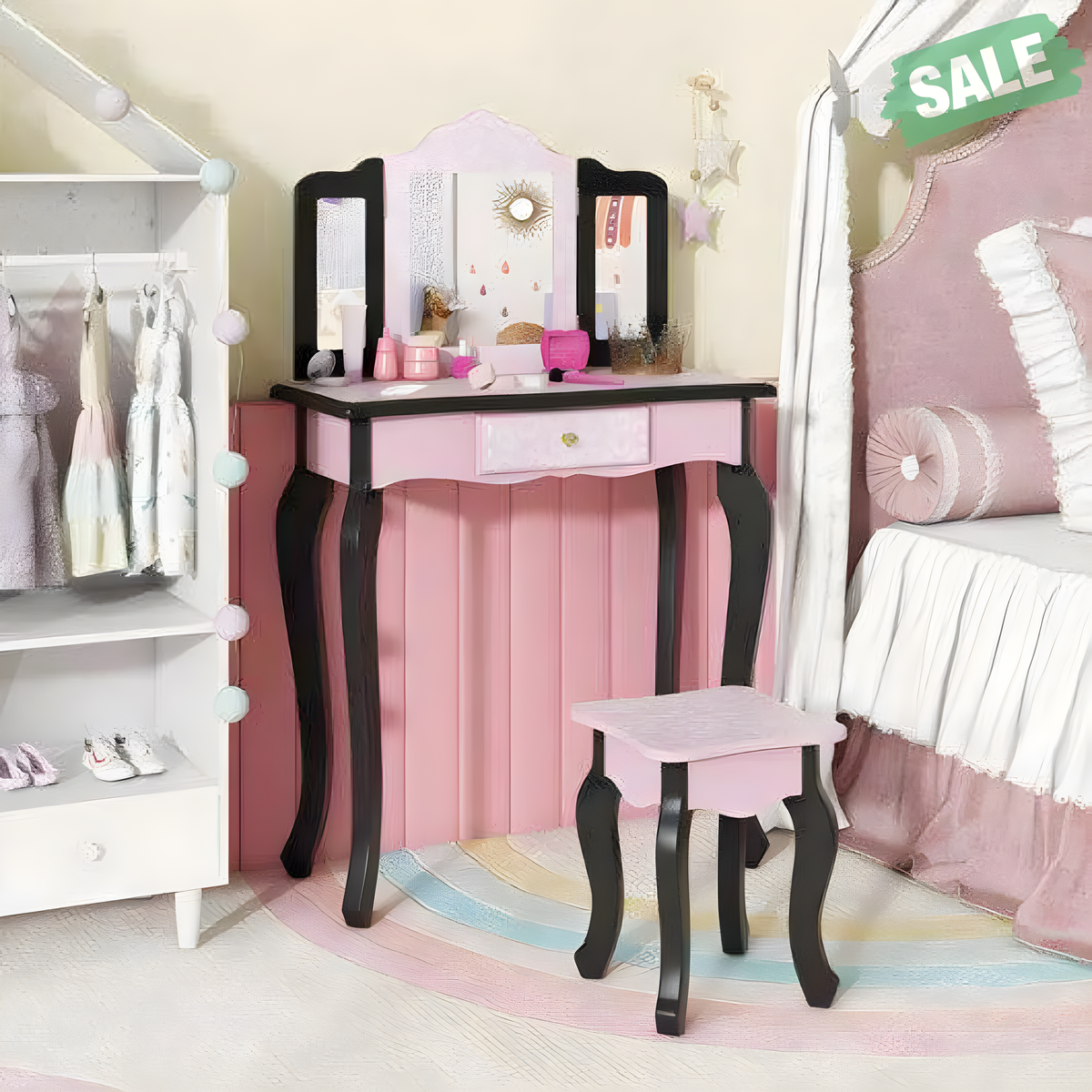 2 1 Princess Dressing Table Writing Desk Cute Leopard Print 3 Makeup Accessories