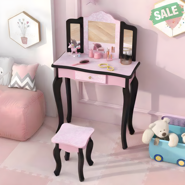2 in 1 pink princess dressing table with leopard print and makeup accessories for kids, angle view.