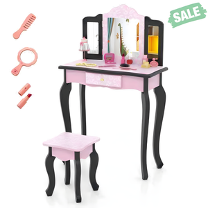 2 in 1 pink princess dressing table with leopard print and makeup accessories for kids, angled view.