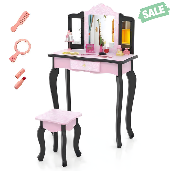 2 in 1 pink princess dressing table with leopard print and makeup accessories for kids, angled view.