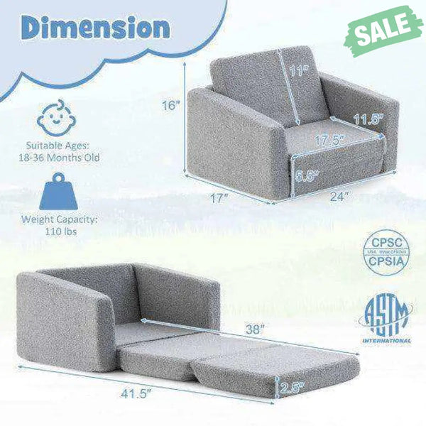 2-in-1 Toddler Fold out Couch Gray Kids Chairs & Seating
