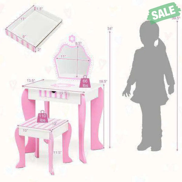 2-in-1 Toddler Vanity Set with Detachable Top & Cute Flower Patterns-White Kids Vanities