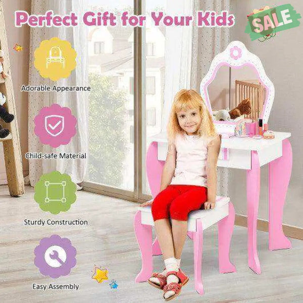 2-in-1 Toddler Vanity Set with Detachable Top & Cute Flower Patterns-White Kids Vanities