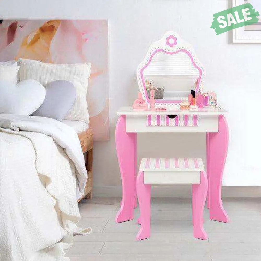 2-in-1 Toddler Vanity Set with Detachable Top & Cute Flower Patterns-White Kids Vanities
